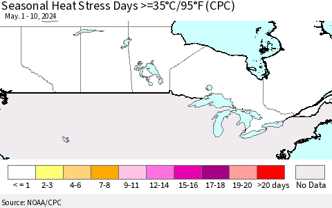 Canada Seasonal Heat Stress Days >=35°C/95°F (CPC) Thematic Map For 5/1/2024 - 5/10/2024