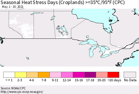 Canada Seasonal Heat Stress Days (Croplands) >=35°C/95°F (CPC) Thematic Map For 5/1/2021 - 5/10/2021