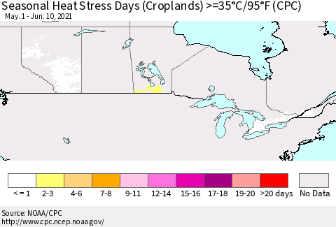 Canada Seasonal Heat Stress Days (Croplands) >=35°C/95°F (CPC) Thematic Map For 5/1/2021 - 6/10/2021