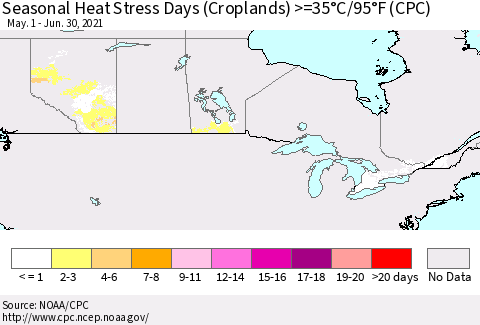 Canada Seasonal Heat Stress Days (Croplands) >=35°C/95°F (CPC) Thematic Map For 5/1/2021 - 6/30/2021