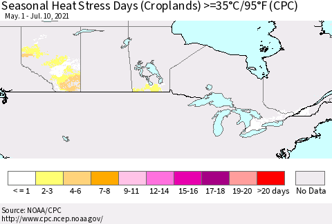 Canada Seasonal Heat Stress Days (Croplands) >=35°C/95°F (CPC) Thematic Map For 5/1/2021 - 7/10/2021