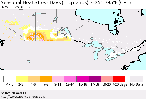 Canada Seasonal Heat Stress Days (Croplands) >=35°C/95°F (CPC) Thematic Map For 5/1/2021 - 9/30/2021