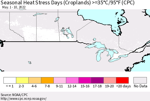 Canada Seasonal Heat Stress Days (Croplands) >=35°C/95°F (CPC) Thematic Map For 5/1/2022 - 5/10/2022