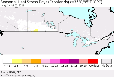 Canada Seasonal Heat Stress Days (Croplands) >=35°C/95°F (CPC) Thematic Map For 5/1/2022 - 7/20/2022