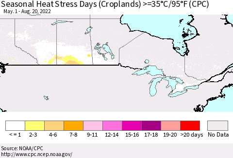 Canada Seasonal Heat Stress Days (Croplands) >=35°C/95°F (CPC) Thematic Map For 5/1/2022 - 8/20/2022
