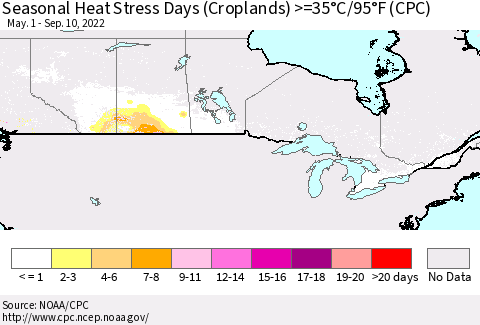 Canada Seasonal Heat Stress Days (Croplands) >=35°C/95°F (CPC) Thematic Map For 5/1/2022 - 9/10/2022