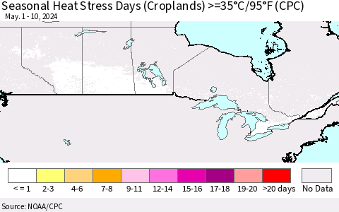 Canada Seasonal Heat Stress Days (Croplands) >=35°C/95°F (CPC) Thematic Map For 5/1/2024 - 5/10/2024