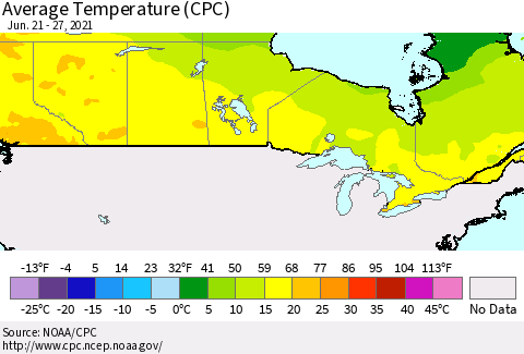 Canada Average Temperature (CPC) Thematic Map For 6/21/2021 - 6/27/2021