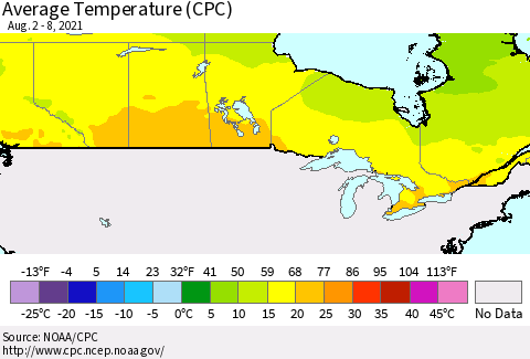 Canada Average Temperature (CPC) Thematic Map For 8/2/2021 - 8/8/2021