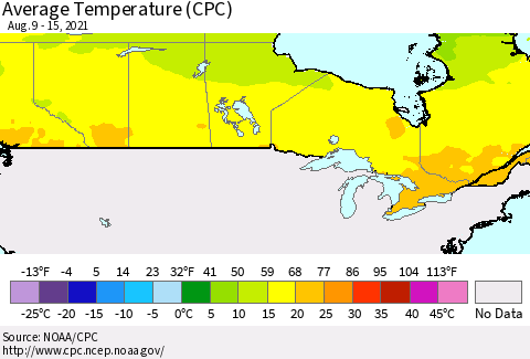 Canada Average Temperature (CPC) Thematic Map For 8/9/2021 - 8/15/2021