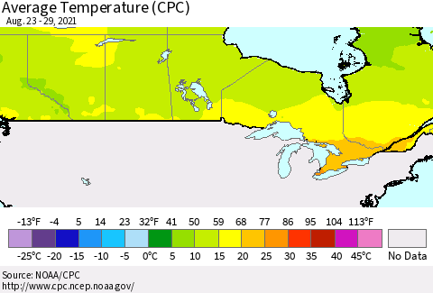 Canada Average Temperature (CPC) Thematic Map For 8/23/2021 - 8/29/2021