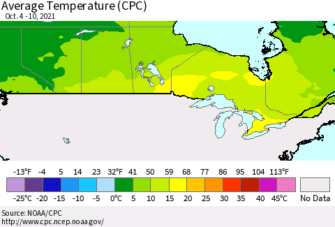 Canada Average Temperature (CPC) Thematic Map For 10/4/2021 - 10/10/2021