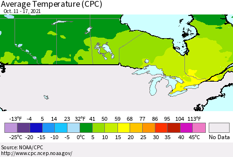 Canada Average Temperature (CPC) Thematic Map For 10/11/2021 - 10/17/2021
