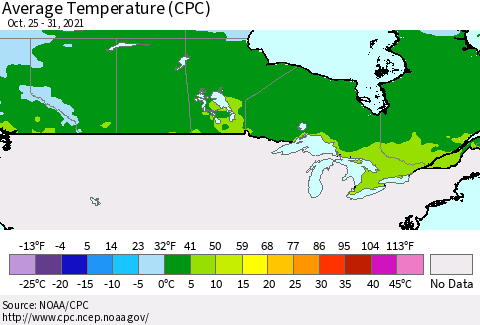 Canada Average Temperature (CPC) Thematic Map For 10/25/2021 - 10/31/2021