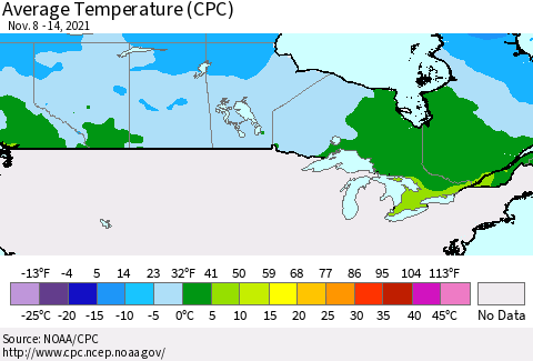 Canada Average Temperature (CPC) Thematic Map For 11/8/2021 - 11/14/2021