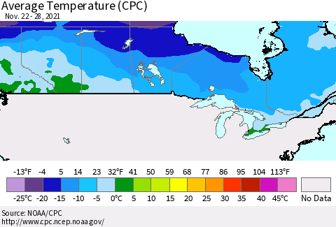 Canada Average Temperature (CPC) Thematic Map For 11/22/2021 - 11/28/2021