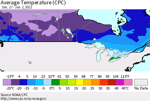 Canada Average Temperature (CPC) Thematic Map For 12/27/2021 - 1/2/2022