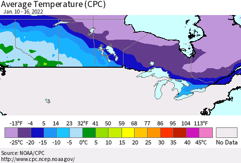 Canada Average Temperature (CPC) Thematic Map For 1/10/2022 - 1/16/2022