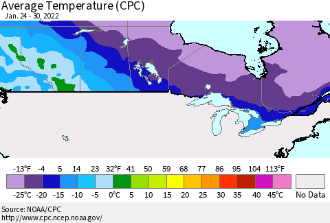 Canada Average Temperature (CPC) Thematic Map For 1/24/2022 - 1/30/2022