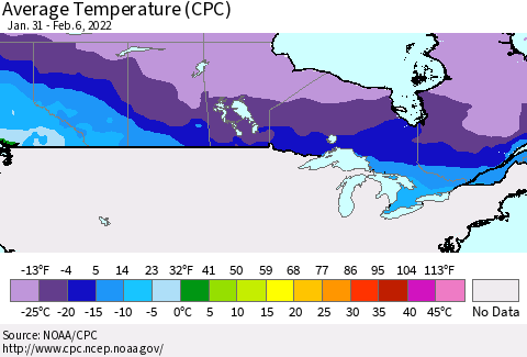 Canada Average Temperature (CPC) Thematic Map For 1/31/2022 - 2/6/2022