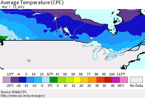 Canada Average Temperature (CPC) Thematic Map For 3/7/2022 - 3/13/2022