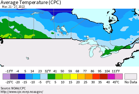 Canada Average Temperature (CPC) Thematic Map For 3/21/2022 - 3/27/2022