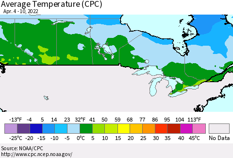 Canada Average Temperature (CPC) Thematic Map For 4/4/2022 - 4/10/2022