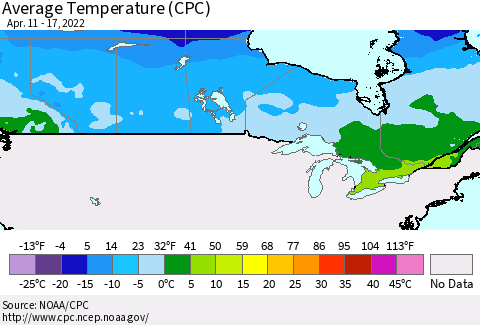 Canada Average Temperature (CPC) Thematic Map For 4/11/2022 - 4/17/2022