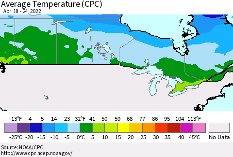 Canada Average Temperature (CPC) Thematic Map For 4/18/2022 - 4/24/2022