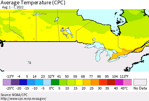 Canada Average Temperature (CPC) Thematic Map For 8/1/2022 - 8/7/2022