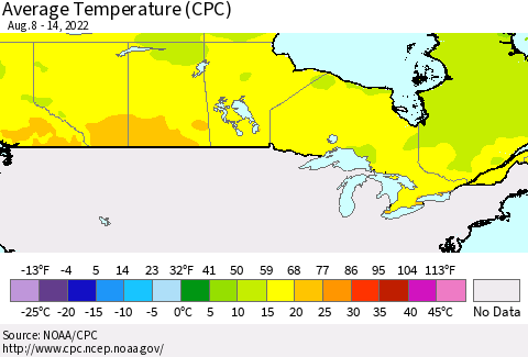 Canada Average Temperature (CPC) Thematic Map For 8/8/2022 - 8/14/2022