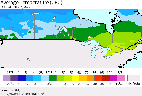 Canada Average Temperature (CPC) Thematic Map For 10/31/2022 - 11/6/2022