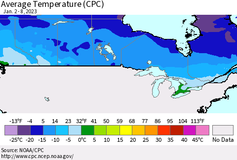 Canada Average Temperature (CPC) Thematic Map For 1/2/2023 - 1/8/2023