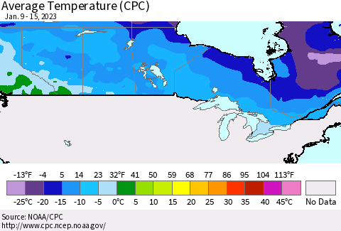Canada Average Temperature (CPC) Thematic Map For 1/9/2023 - 1/15/2023
