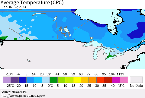 Canada Average Temperature (CPC) Thematic Map For 1/16/2023 - 1/22/2023