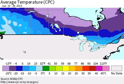 Canada Average Temperature (CPC) Thematic Map For 1/23/2023 - 1/29/2023