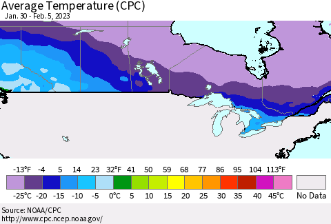 Canada Average Temperature (CPC) Thematic Map For 1/30/2023 - 2/5/2023