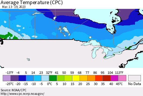 Canada Average Temperature (CPC) Thematic Map For 3/13/2023 - 3/19/2023