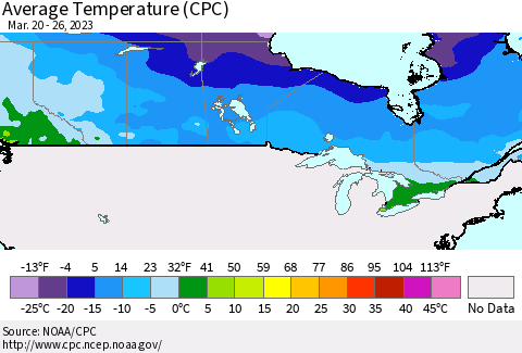 Canada Average Temperature (CPC) Thematic Map For 3/20/2023 - 3/26/2023