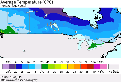 Canada Average Temperature (CPC) Thematic Map For 3/27/2023 - 4/2/2023