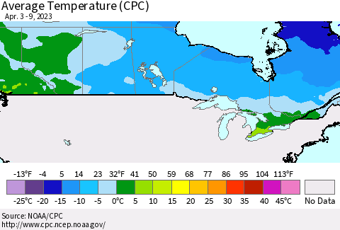 Canada Average Temperature (CPC) Thematic Map For 4/3/2023 - 4/9/2023