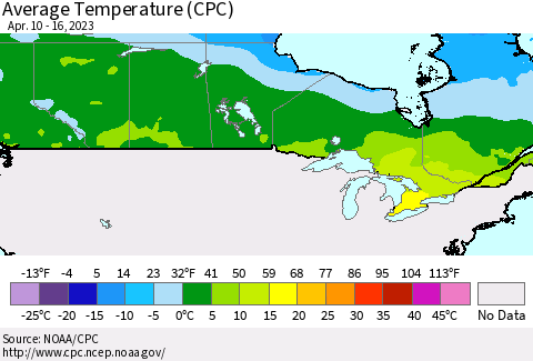 Canada Average Temperature (CPC) Thematic Map For 4/10/2023 - 4/16/2023