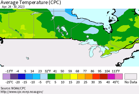 Canada Average Temperature (CPC) Thematic Map For 4/24/2023 - 4/30/2023