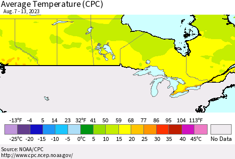 Canada Average Temperature (CPC) Thematic Map For 8/7/2023 - 8/13/2023