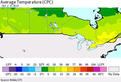 Canada Average Temperature (CPC) Thematic Map For 10/2/2023 - 10/8/2023