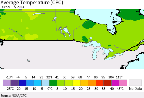 Canada Average Temperature (CPC) Thematic Map For 10/9/2023 - 10/15/2023