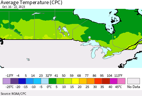 Canada Average Temperature (CPC) Thematic Map For 10/16/2023 - 10/22/2023