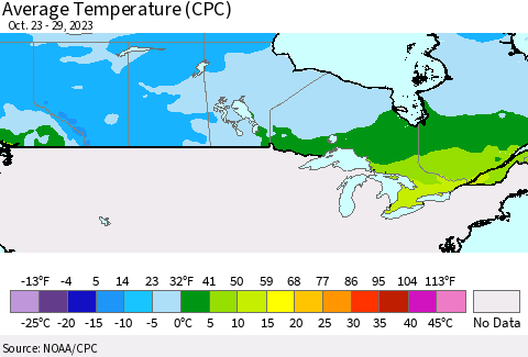 Canada Average Temperature (CPC) Thematic Map For 10/23/2023 - 10/29/2023
