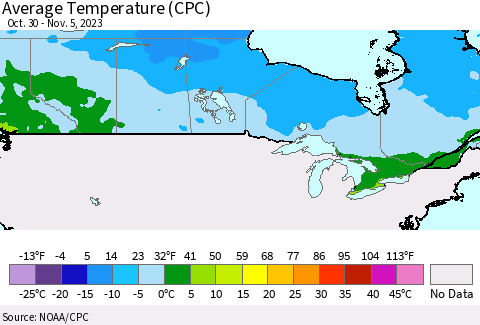 Canada Average Temperature (CPC) Thematic Map For 10/30/2023 - 11/5/2023