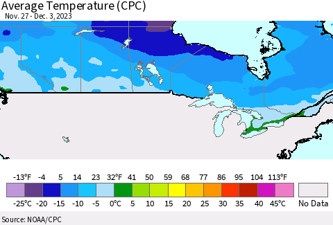 Canada Average Temperature (CPC) Thematic Map For 11/27/2023 - 12/3/2023